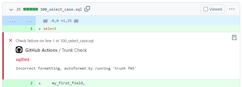Screenshot of Trunk showing a sqlfmt issue in GitHub